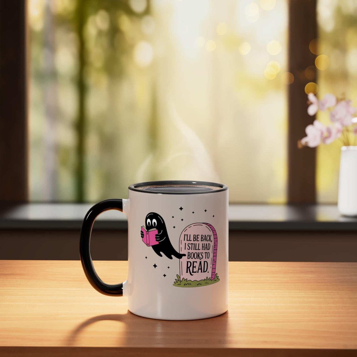 Funny Ghost Halloween Read Books Lover Bookworm Girl Reading Ceramic Mug, Black/White