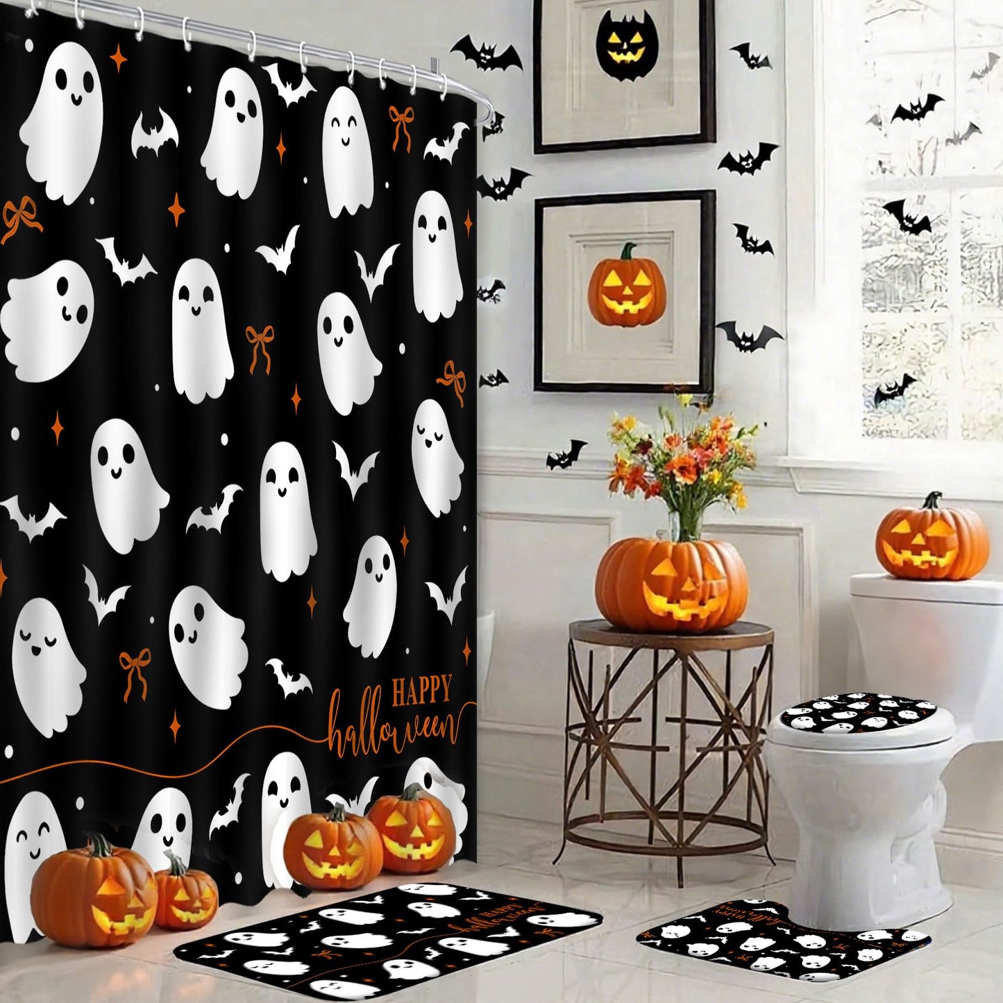 Mocsicka 4Pcs Halloween Shower Curtain Set Black Spooky Bow Ghost Shower Curtain Set for Halloween Bathroom Decor with Anti-Slip Waterproof Bathtub Bathroom Rugs Toilet Lid Cover