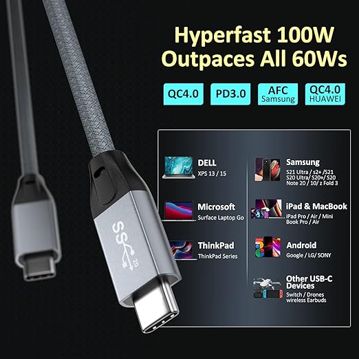 QCEs USB C to USB C 3.2 Gen 2 Cable, 6.6Ft USBC Monitor Cable 100W PD Charging, 20Gbps Data for USB4/Thunderbolt 3/4 Compatible with MacBook Pro/Air, iPad, Galaxy S23, Brio 4K Webcam