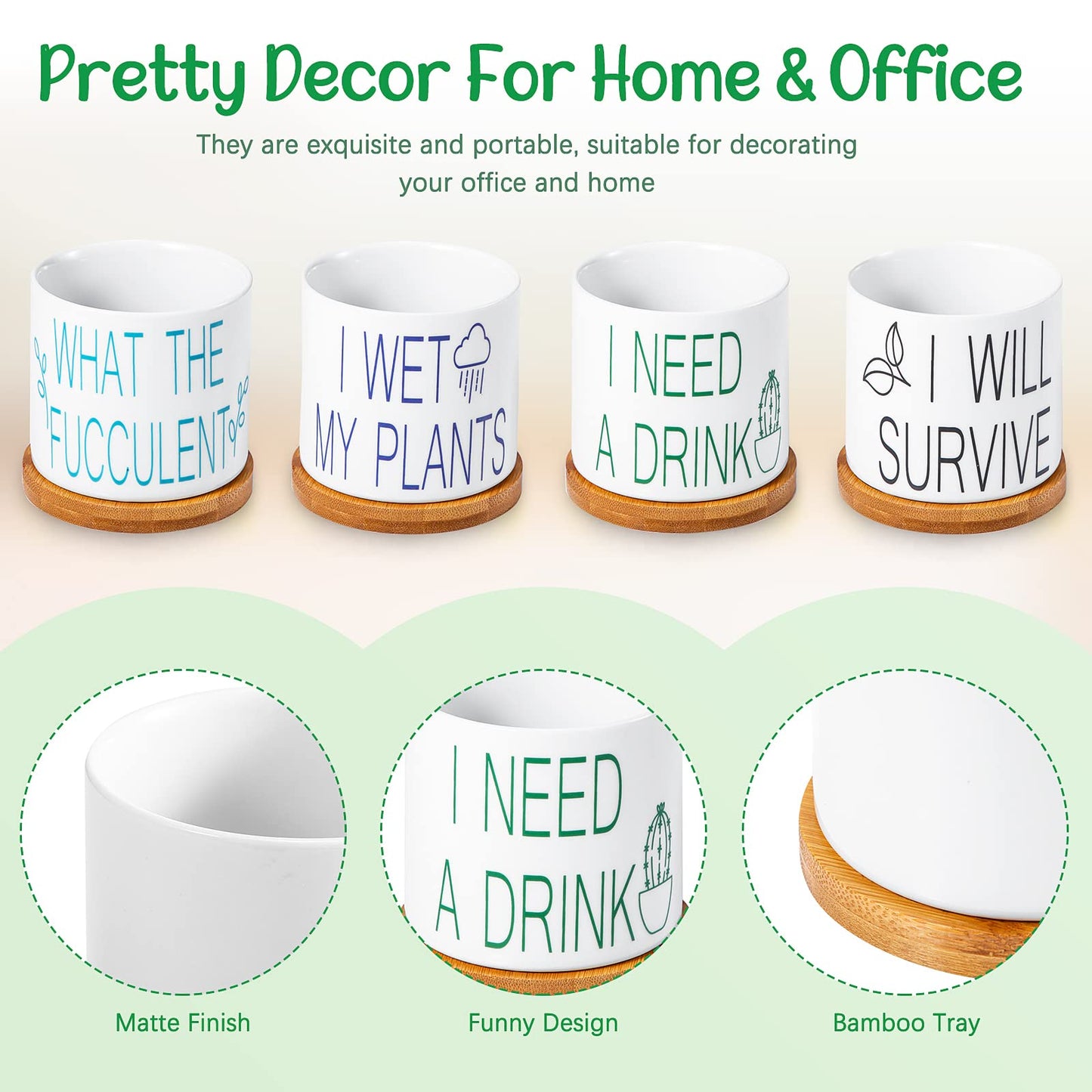 4 Pieces Succulent Pots Funny Sarcastic Succulent Cactus Planters Gifts for Grandma Friend 3.2 Inch with Drainage and Bamboo Tray White Ceramic Pot for Plants Garden Decorative (Fresh Style)