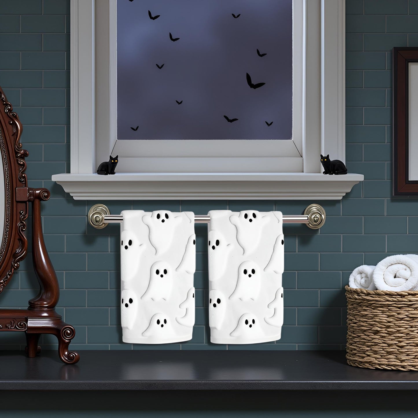 Xkdamai 2 Pack Halloween Hand Towels 100% Cotton Jacquard Ghost Halloween Kitchen Towels White Bathroom Towels Set Seasonal Bathroom Decor (White Ghost, Halloween)