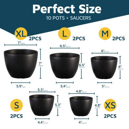 Lifemaster Plant Pots with Multi Drainage Holes - 10 Pieces Versatile, Sturdy Plastic, Stackable Design Home Decor Flower Pots for Indoor and Outdoor Gardening - Black