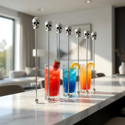Homestia Skull Swizzle Sticks, 6-Pack 7.5 Inch Stainless Steel Reusable Cocktail Stirrers with Skull Head for Halloween Party Drink Mixer Bar Tools - Dishwasher Safe, Silver