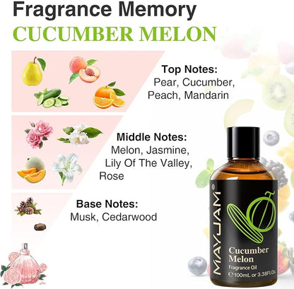 MAYJAM 100ML/3.38FL.OZ Cucumber Melon Fragrance Oils with Glass Dropper, Essential Oils for Diffusers for Home, Long Lasting Scented Oils for Diffusers Soap Candle Making