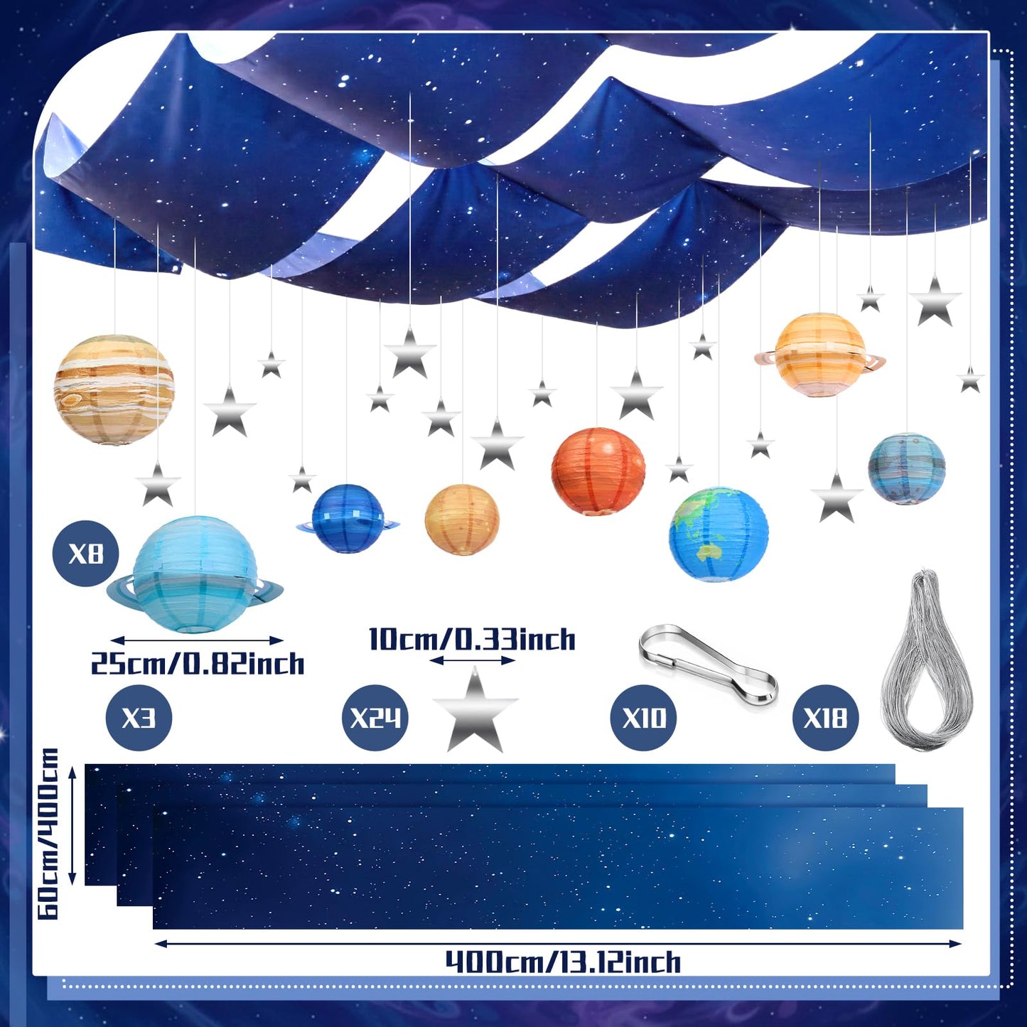Relaxgiant 45 Pcs 2026 Space Celing Decoration for Classroom 24" x 13ft Galaxy Hanging Backdrop, Star Hanging Ornament, Solar System Paper Lanterns, Hooks for Kids Birthday VBS School Party Decor