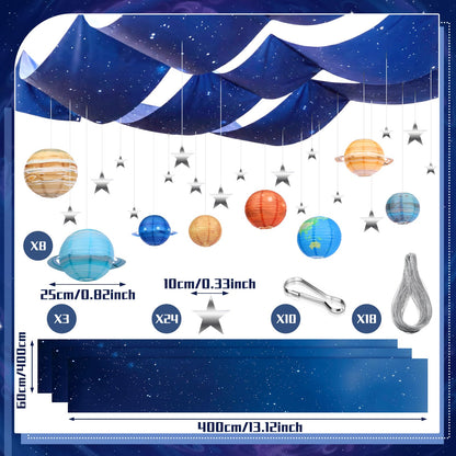 Relaxgiant 45 Pcs 2026 Space Celing Decoration for Classroom 24" x 13ft Galaxy Hanging Backdrop, Star Hanging Ornament, Solar System Paper Lanterns, Hooks for Kids Birthday VBS School Party Decor