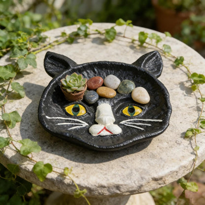Womeet Black Cat Face Cast Iron Trinket Dish, Gothic Kitten Jewelry Tray, Small Decorative Cat Ring Holder for Earrings Necklings Rings, Halloween Home Decor Storage Dish for Vanity Countertop