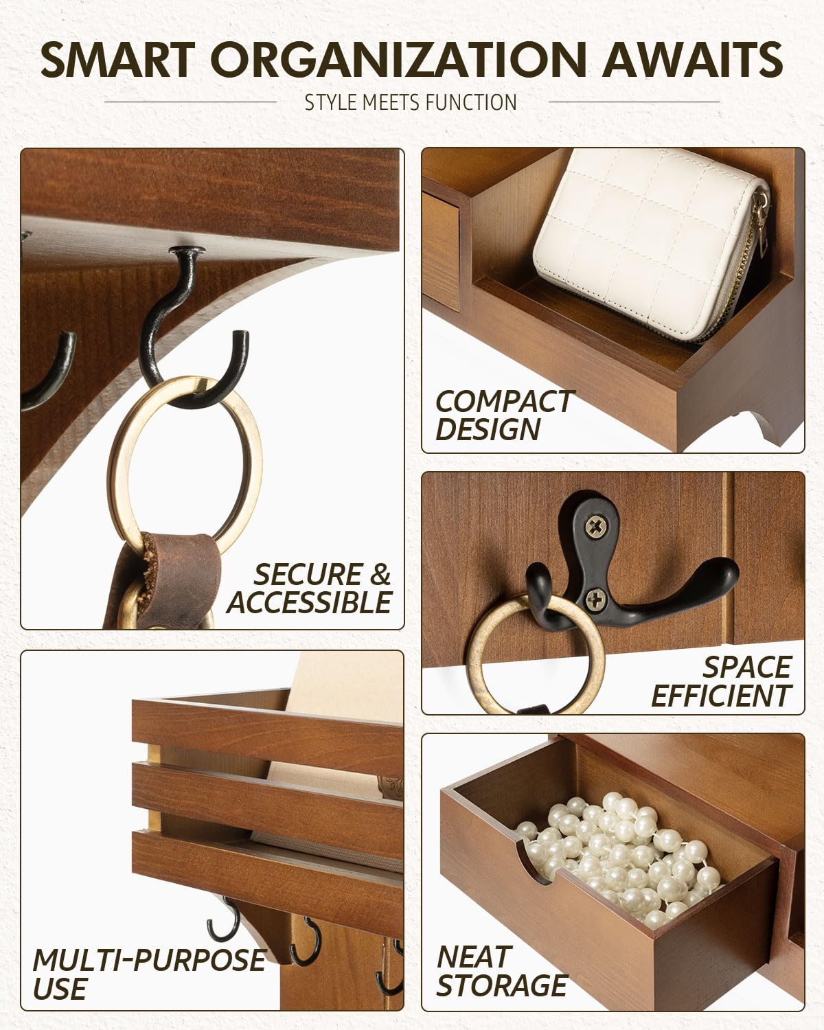 Rebee Vision Farmhouse Key Holder Wall Mount – Decorative Mail Organizer with 9 Key Hooks and Mini Drawer Organizer – Rustic Home Decor for Apartment Essentials (Brown)