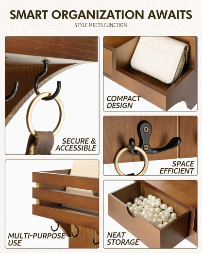 Rebee Vision Farmhouse Key Holder Wall Mount – Decorative Mail Organizer with 9 Key Hooks and Mini Drawer Organizer – Rustic Home Decor for Apartment Essentials (Brown)