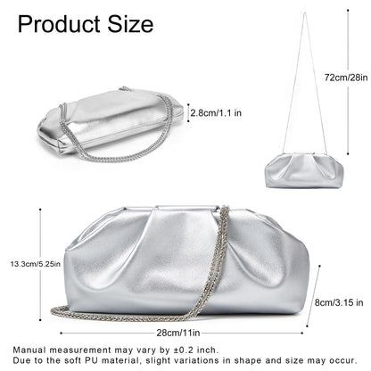 Clutch Purses for Women – Elegant Pleated Soft PU Leather Evening Bag with Detachable Chain, Ideal for Weddings & Parties (Silver)