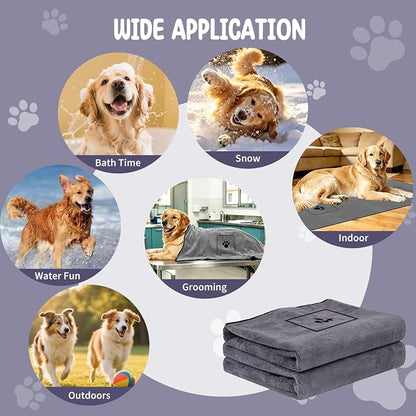 ATONET Microfiber Dog Towel with Two Pockets for Drying, 40"x23.6" Super Absorbent Pet Grooming Towel, Soft and Quick Drying for Large Dogs, Shower & Bath Supplies (Grey)