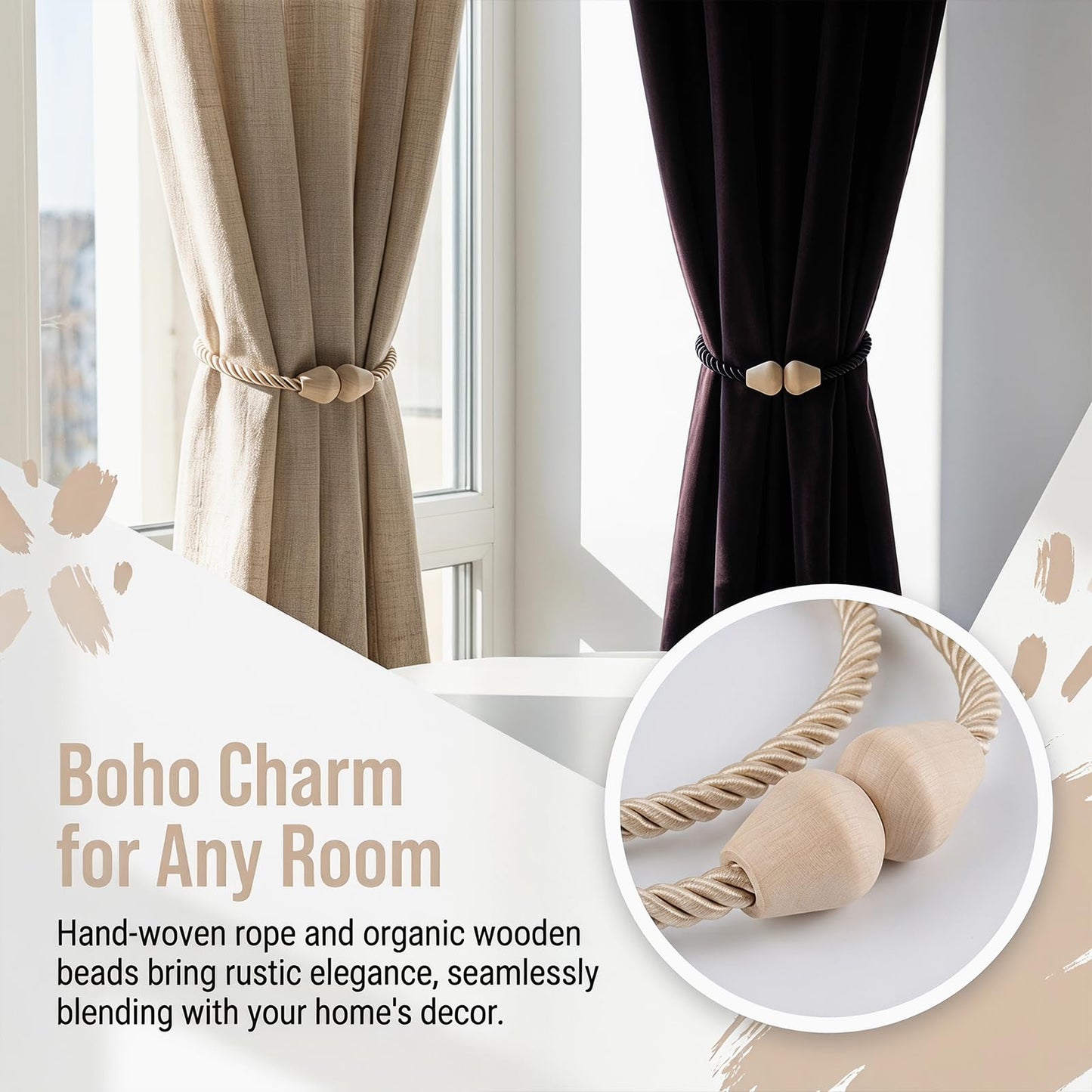 YERGOFE 12 Pack Boho Wood Magnetic Curtain Tiebacks