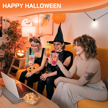 Ftabernam Halloween Color Changing Cups, 3-Pack 24 oz Plastic Cups with Lids and Straws, Tumblers and Water Glasses for Adults, Kids Party, Cute Cup for Ice Drink