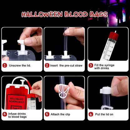 Garma 48 Pack 10oz Blood Bags for Drinks, 8 Design Halloween IV Bag for Drinks Reusable Drink Pouches Containers with Syringes Clips Pouch Prop for Vampire Zombie Hospital Theme Party Favors Supplies