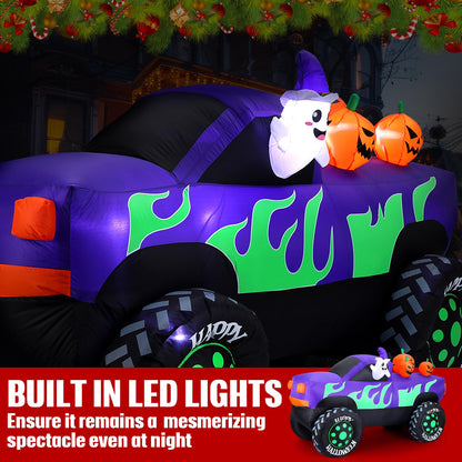 Leyndo 8 ft Long Halloween Inflatables Monster Truck Outdoor Decorations Lighted Ghost Driving Truck with Pumpkins Blow up Yard Decor with Lights for Halloween Party Indoor Family Garden Lawn Decor