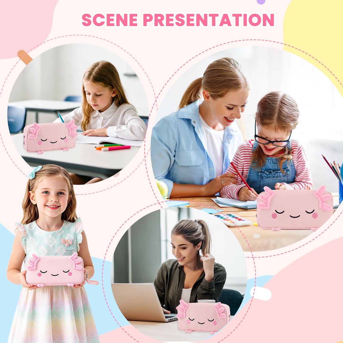 EHZYP Axolotl Pencil Case, Pencil Case For Girls Kids, Salamander Pen Box For School, Large Capacity Pen Pouch,School Supplies Bag for Kids (Pink)