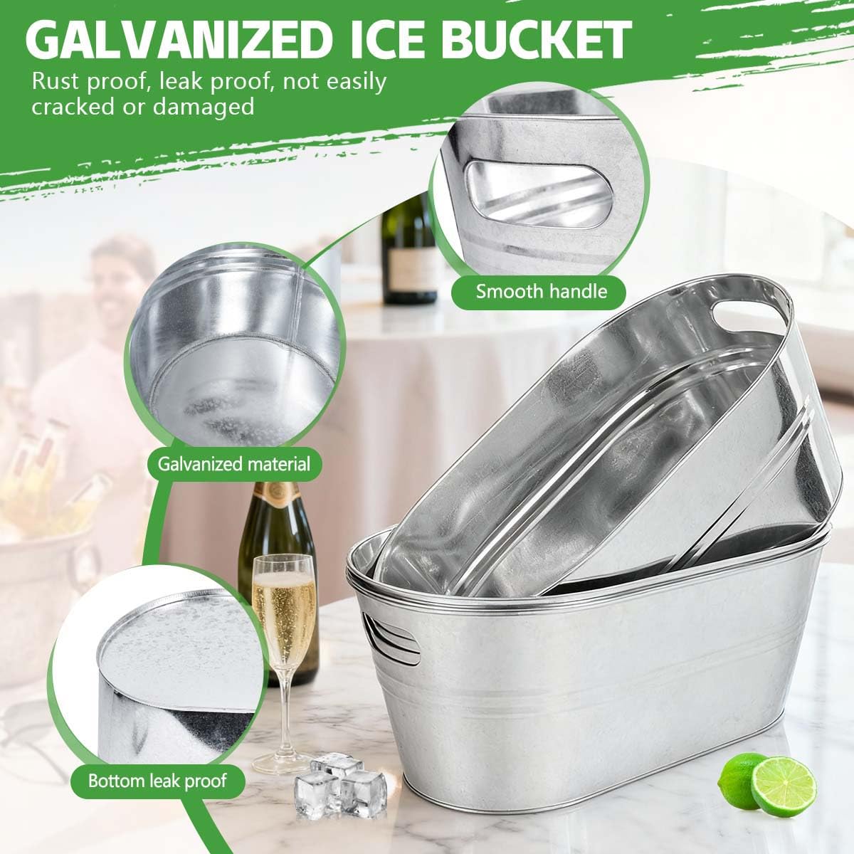 OBTANIM 3 Pack 4 Gallon Galvanized Ice Buckets Metal Champagne Drink Cooler Storage Ice Tub with Handles for Beer Cocktails Wine Beverage Home Parties Bar Cooling Supplies