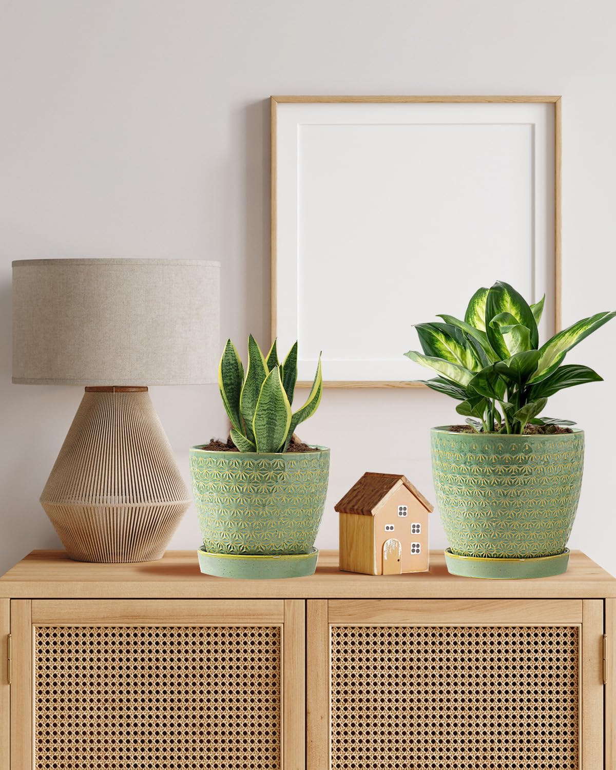 Plant Pots, Flower Pots, Planters for Indoor Plants(6.5+5.5inch), Flower Pots for Indoor Plant with Drainage Hole and Saucer, Ceramic Pots for Plants with Hole Mesh Pad,Sage Green