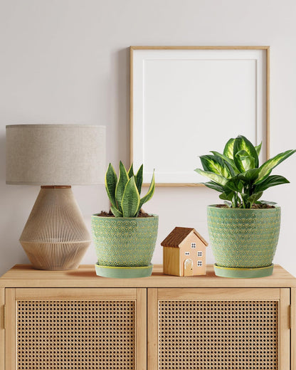 Plant Pots, Flower Pots, Planters for Indoor Plants(6.5+5.5inch), Flower Pots for Indoor Plant with Drainage Hole and Saucer, Ceramic Pots for Plants with Hole Mesh Pad,Sage Green