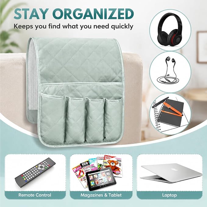 Sofa Armrest Organizer Non-Slip Arm Chair Bedside Caddy Storage Organizer for Recliner Couch with 5 Pockets for Cell Phone TV Remote Control Magazines (Light Green)