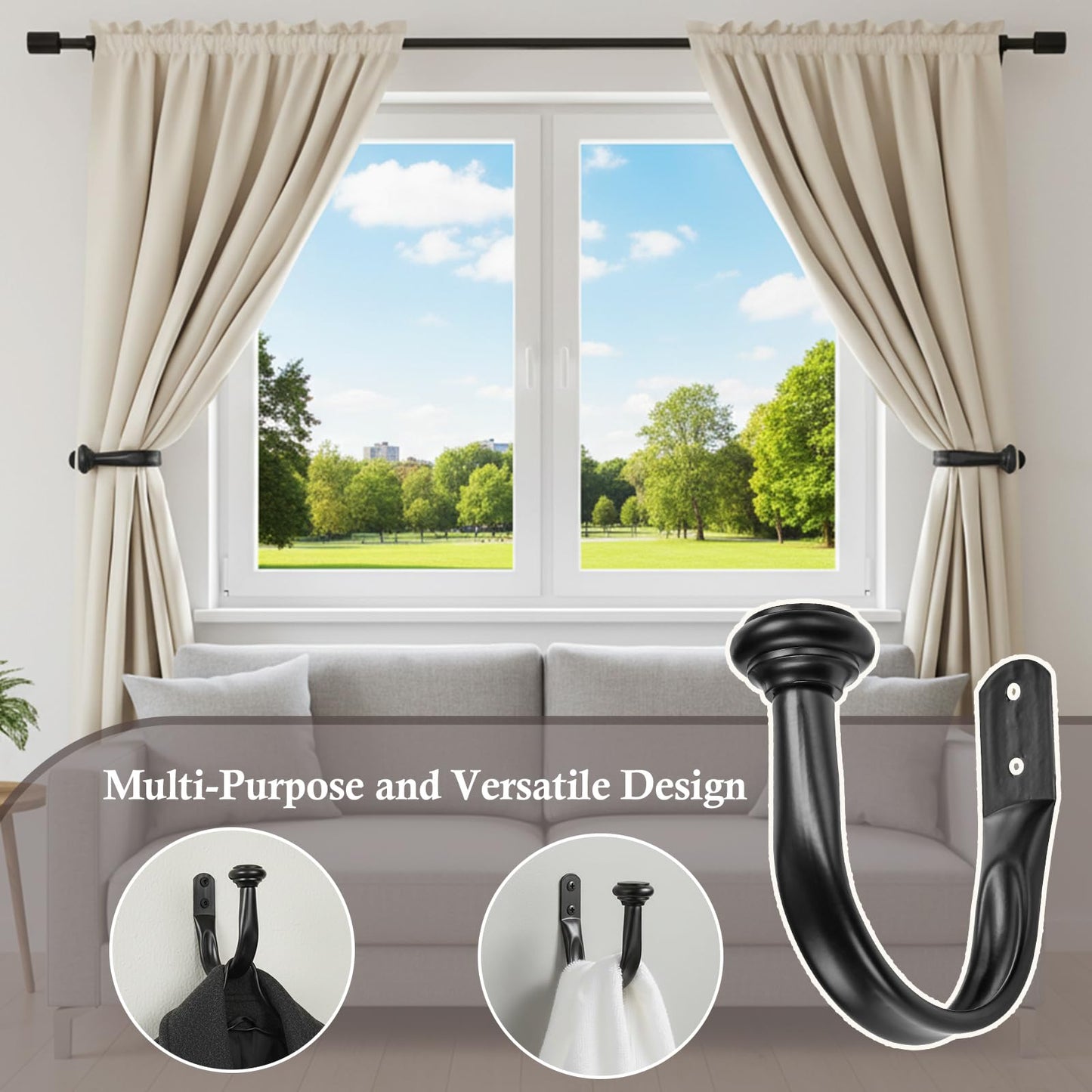 Primero Basics Black Curtain Tiebacks - Wall-Mounted Curtain Holdbacks, Elegant Curtain Hooks for Drapes, Curtain Holders for Wall, Tie Backs for Curtains, Modern Curtain Hooks,2 Pack