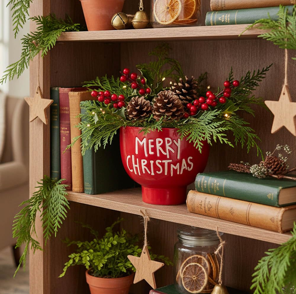 Napco 53032 Merry Christmas Red, White 5.5 x 5.25 Inches Ceramic Footed Indoor/Outdoor Planter Pot