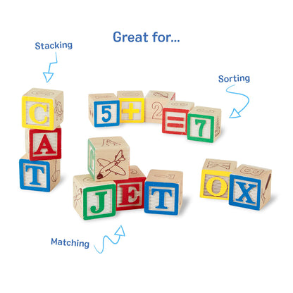 Melissa & Doug Deluxe Wooden ABC/123, 50-Piece Set of Classic Letter & Number Wooden Blocks (1” x 1”) with Storage Pouch, Sorting & Stacking Toys for Kids Ages 2+ (Pack of 12)