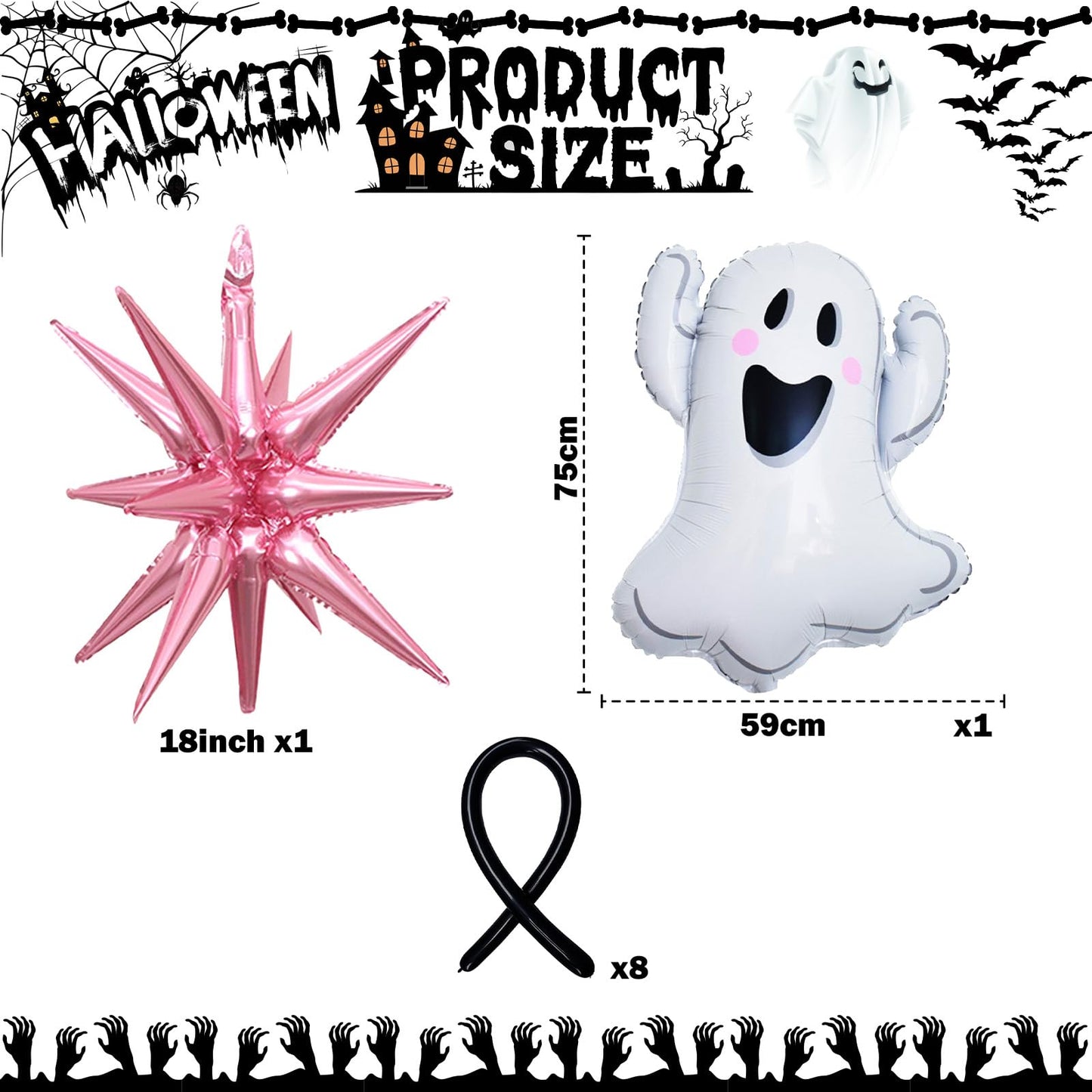 Halloween Balloon Arch Garland Kit, 129Pcs Black Spider White Eyes Bats Pink Metallic Silver Red Latex Balloons with Ghost Explosion Star Foil Balloons for Spooky Halloween Party Outdoor Decorations