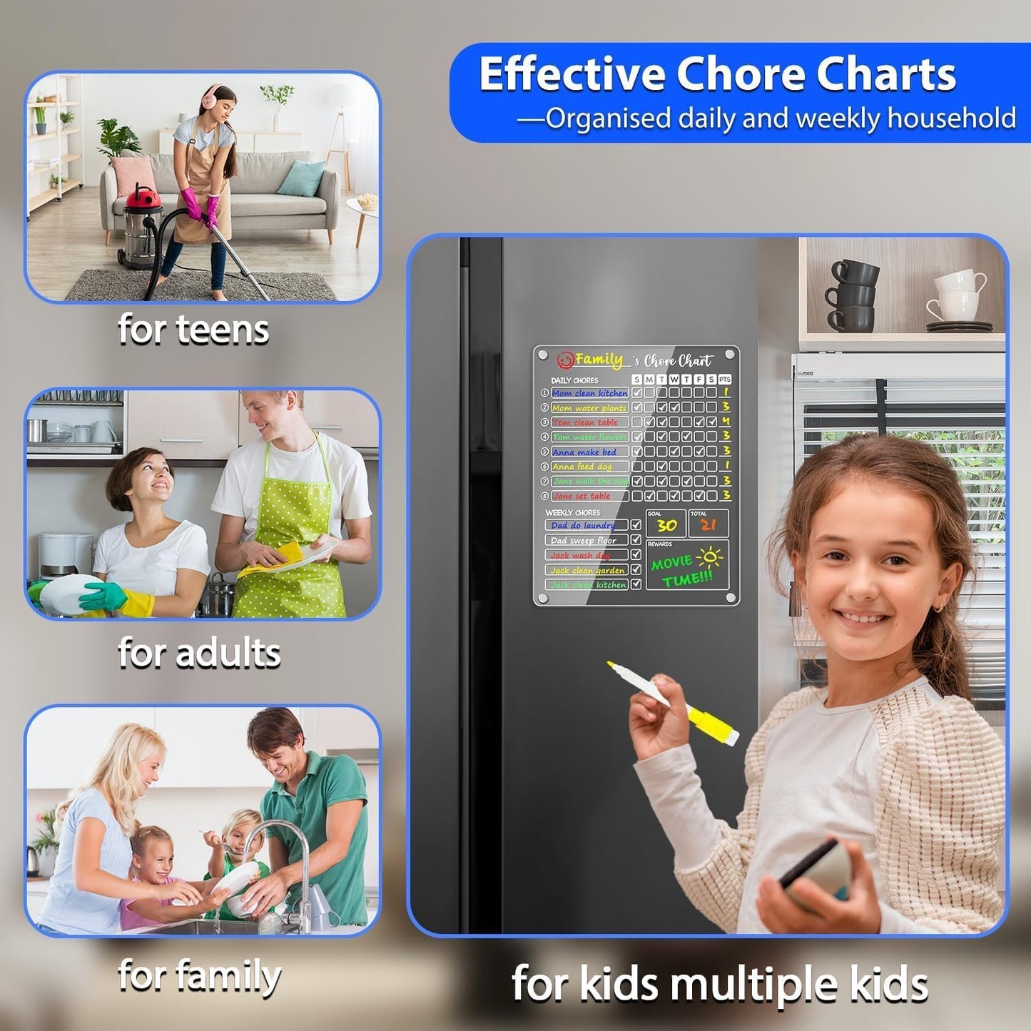 PigPotParty Acrylic Magnetic Chore Chart for Kids on Fridge – 9.5"x12" Daily & Weekly Dry Erase Chore Board with 8 Fine Tip Markers and 1 Towel – Responsibility Chart with Reward Point System