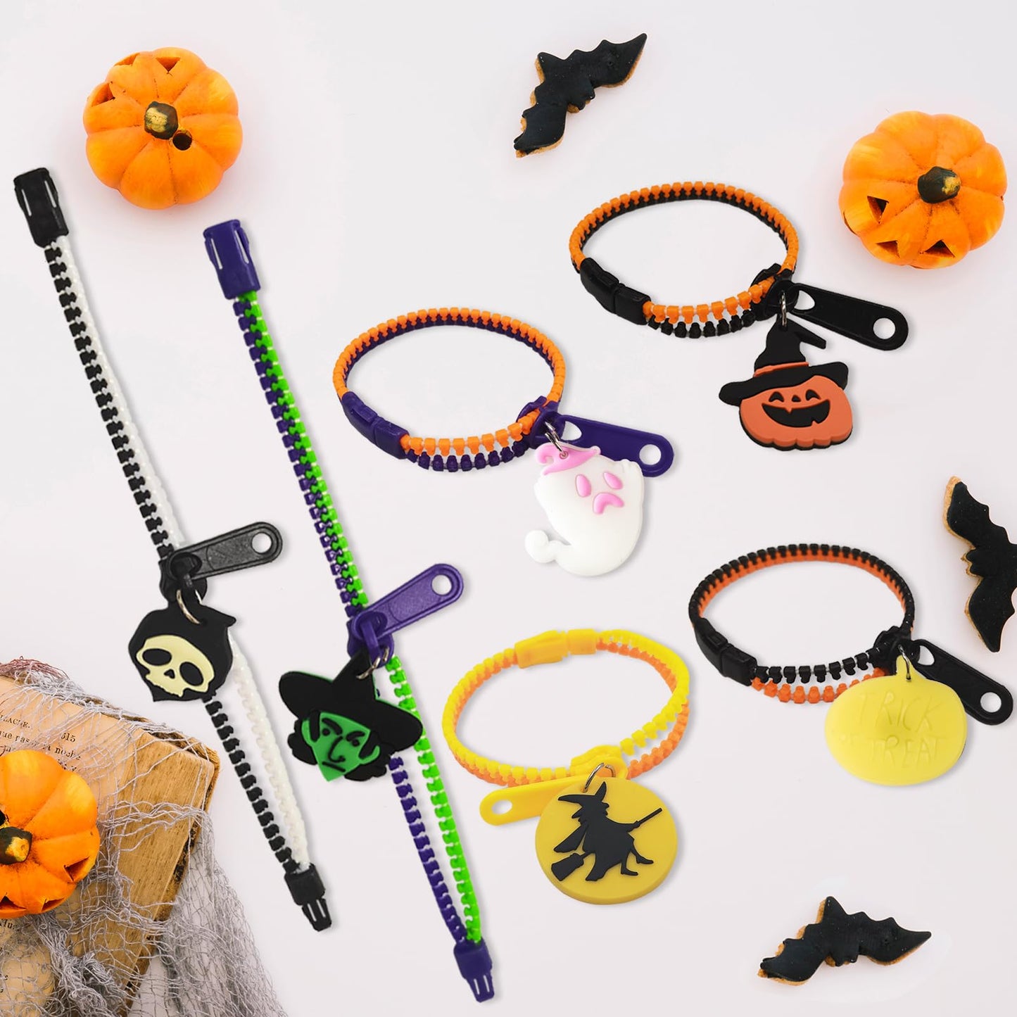 OuMuaMua Kids Halloween Party Favors Zipper Bracelets, 28 Pack Glow in the Dark Halloween Zipper Wristbands for Kids Gifts, Giveaways,Goodie Bag Fillers