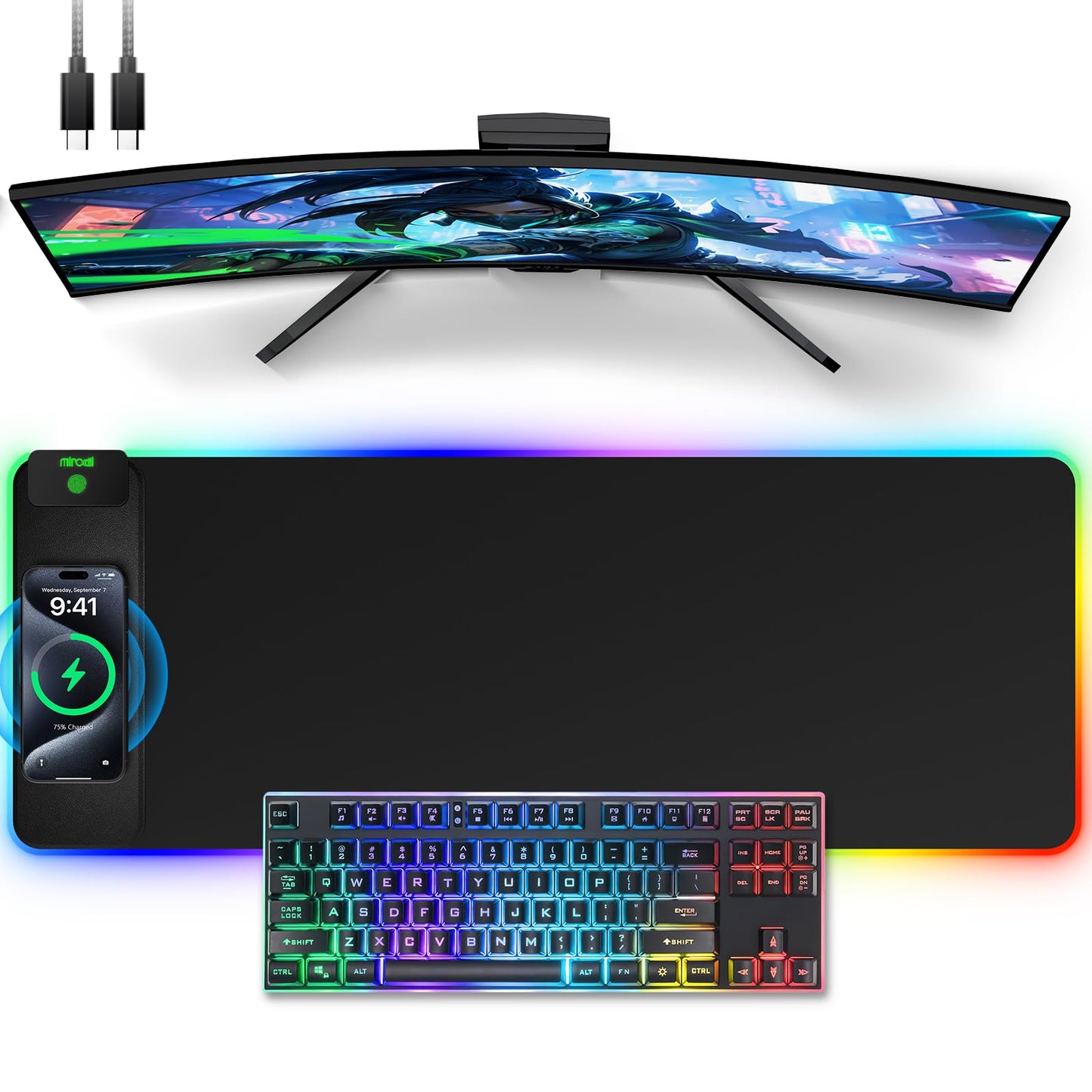 Mouse Pad with Wireless Charging, Large Desk Mat RGB Gaming Mousepad, 10 Light Colors LED Gaming Pad Keyboard Pad with Ultra-Smooth Surface & Non-Slip Rubber Base, Waterproof Full Desk Mouse Pad