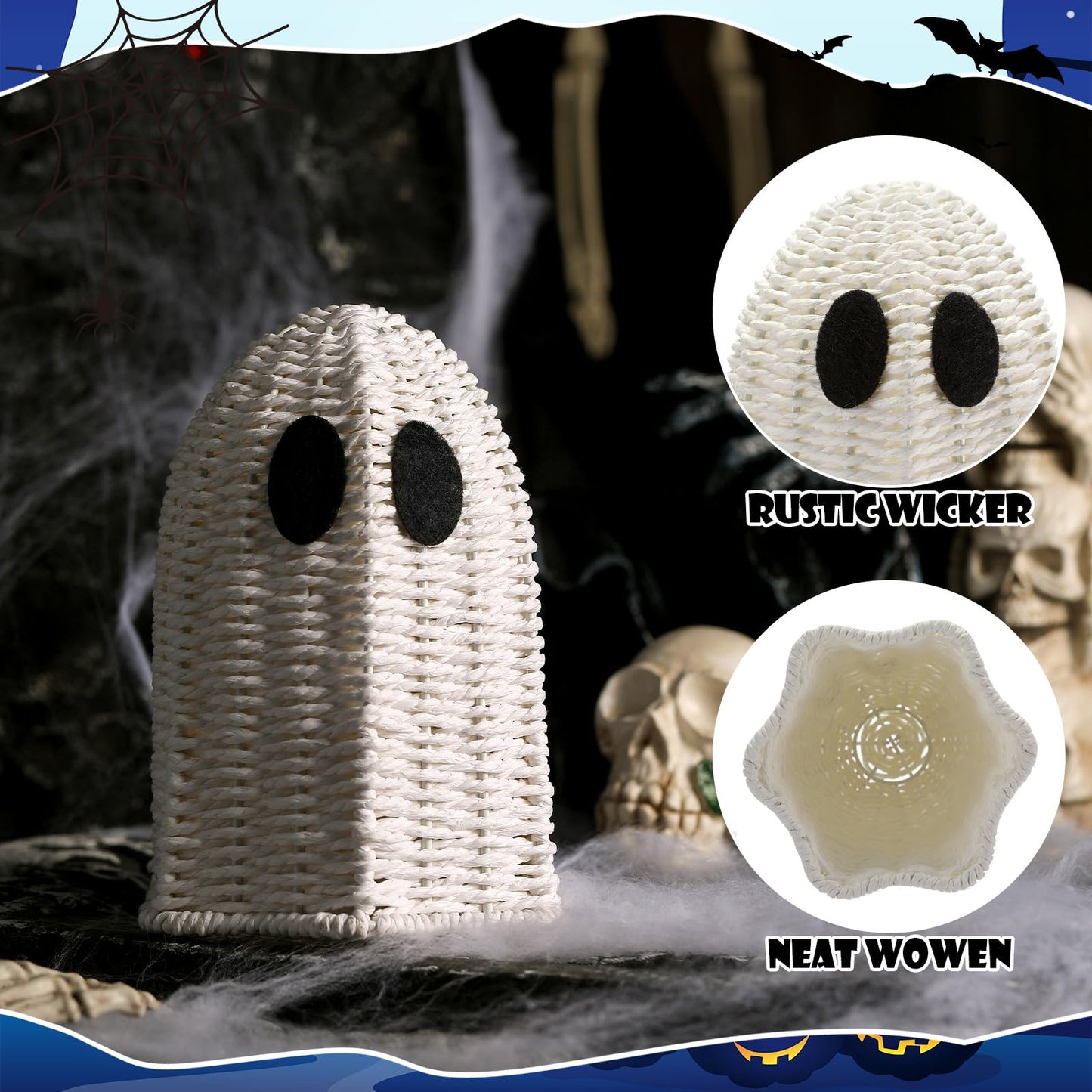 Geelin White 3 Pcs Halloween Rattan Wicker Ghosts Decoration Cute Farmhouse Ghost Figurines for Table Tray Shelf Desk Tiered Tray Centerpieces Indoor Tabletop Halloween Decor