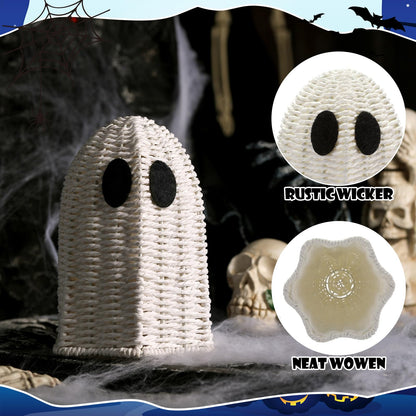 Geelin White 3 Pcs Halloween Rattan Wicker Ghosts Decoration Cute Farmhouse Ghost Figurines for Table Tray Shelf Desk Tiered Tray Centerpieces Indoor Tabletop Halloween Decor