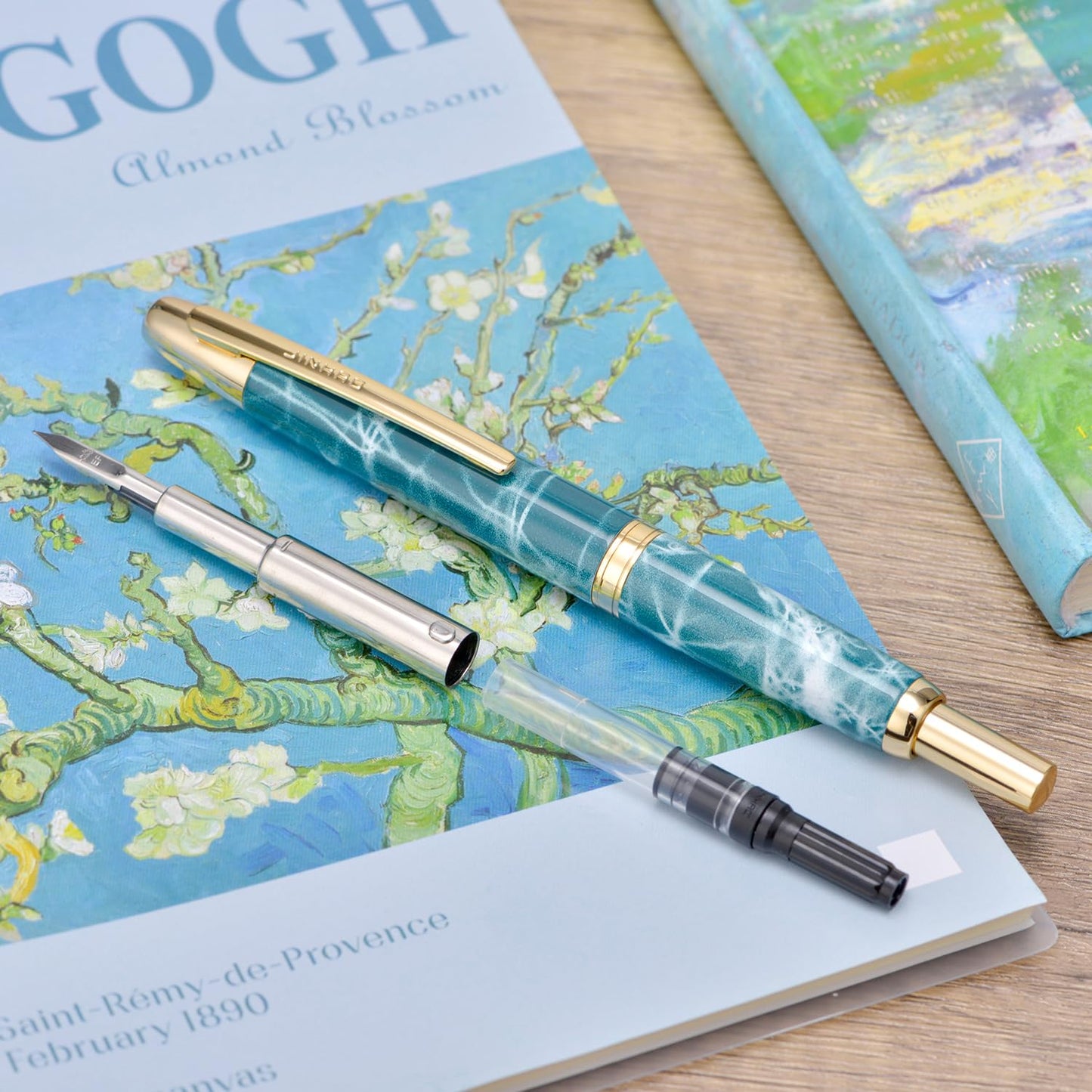 Jinhao 10 Press Fountain Pen with Box, Marble Blue Retractable Extra Fine Nib with Ink Converter Set (Golden Clip)