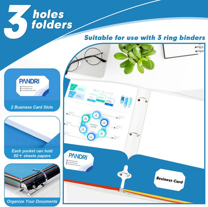 Two Pocket Portfolio Folders, PANDRI 60 Pack 3 Hole Punched 2 Pocket Folders for 3 Ring Binder, Letter Size Paper File Folder for School Office Home Business, Blue