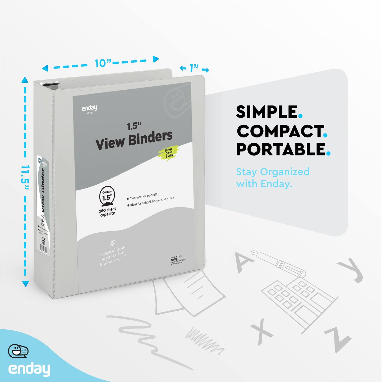 Enday 3 Ring Binder 1.5 Inch, Grey Heavy Duty Three Ring Binder, 325 Sheets Capacity - 1.5 Inch Binder for Home School and Office
