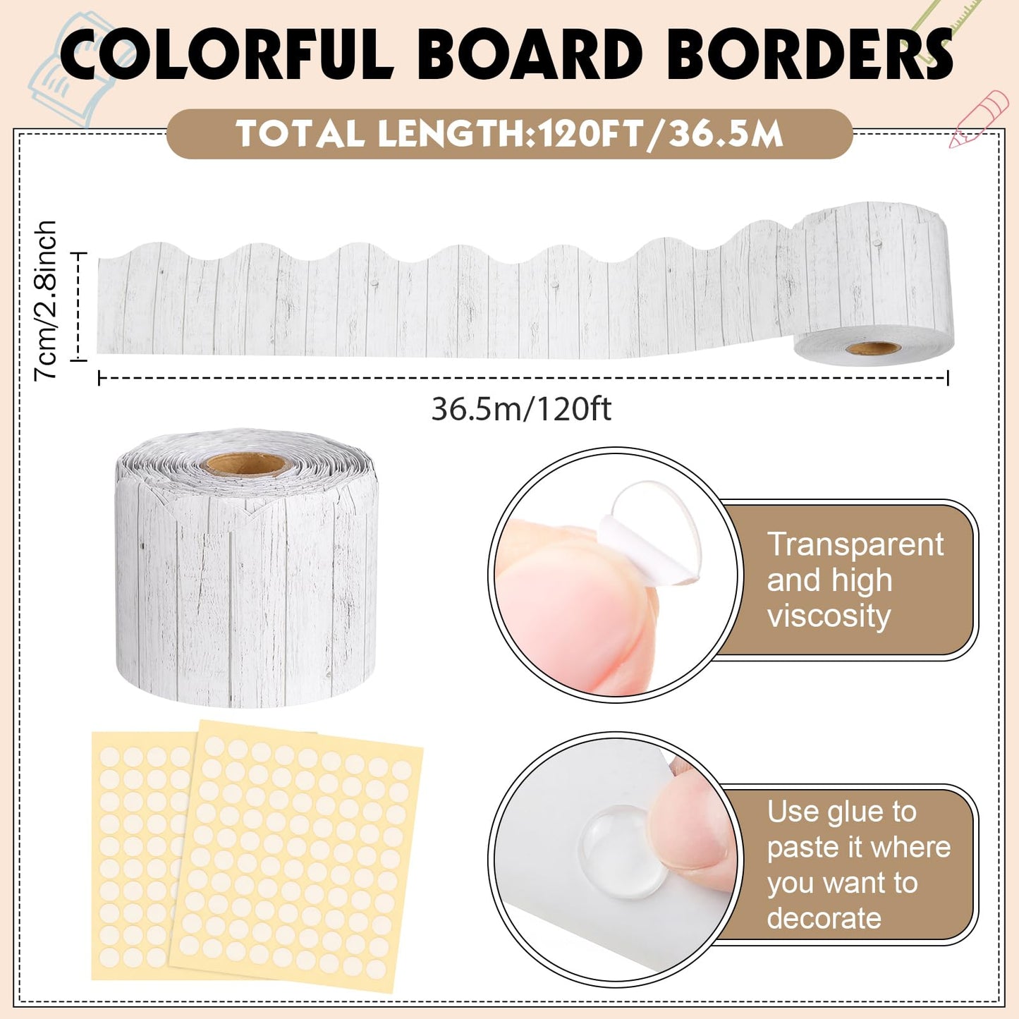 Tenceur 120 Feet Bulletin Board Borders Wooden Pattern Straight Rolled Border Trim Wood Straight for Classroom Schools Office Decoration(White)