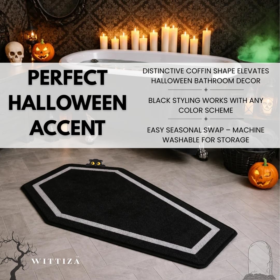 WITTIZA Coffin Bath Mat - Black & White Gothic Bathroom Rug, Non-Slip Quick Dry Microfiber, Soft Plush for Halloween Decor & Goth Home, Machine Washable, 32" x 20"