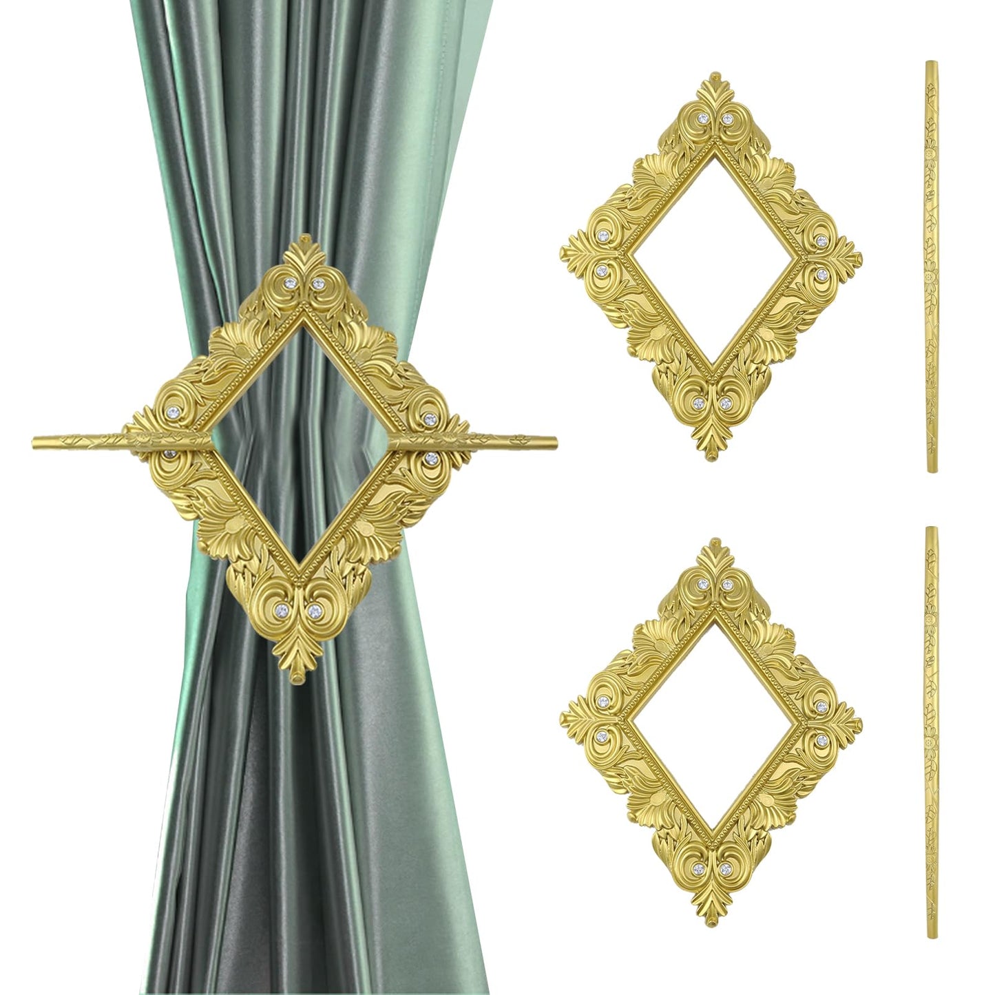 Mewutal 2 Pack Gold Curtain Tiebacks Square Curtain Holdbacks Plastic Curtain Clips Buckle Drapery Holdbacks Crystal Drapery Tiebacks for Home Window Decoration, with Fixing Rod (Gold Rhombus)