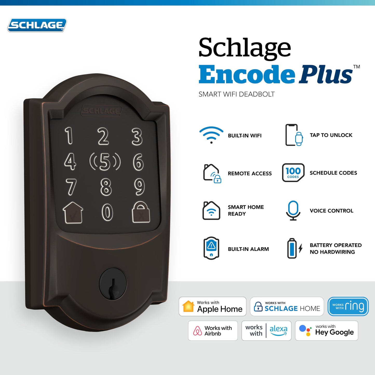 Schlage BE499WB CAM 619 Encode Plus WiFi Deadbolt Smart Lock, Keyless Entry Touchscreen Door Lock with Camelot Trim, Satin Nickel