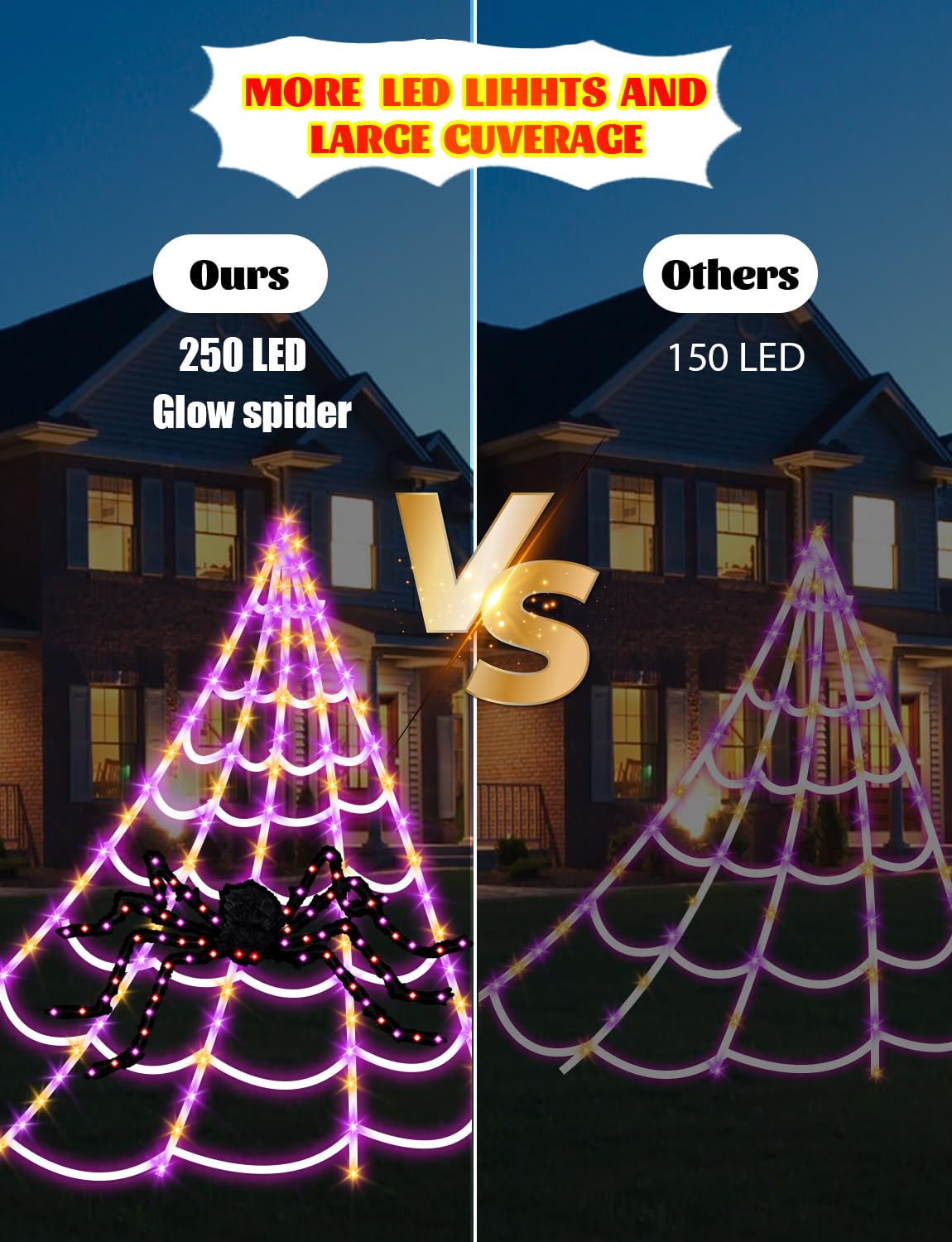 LCHUANG Spider Webs Halloween Decorations Lights - 250 LEDs Outdoor Halloween String Lights with 60" Light Up Spider,8 Modes Remote Control 16.4Ft Spiderweb,Waterproof (Orange+Purple)