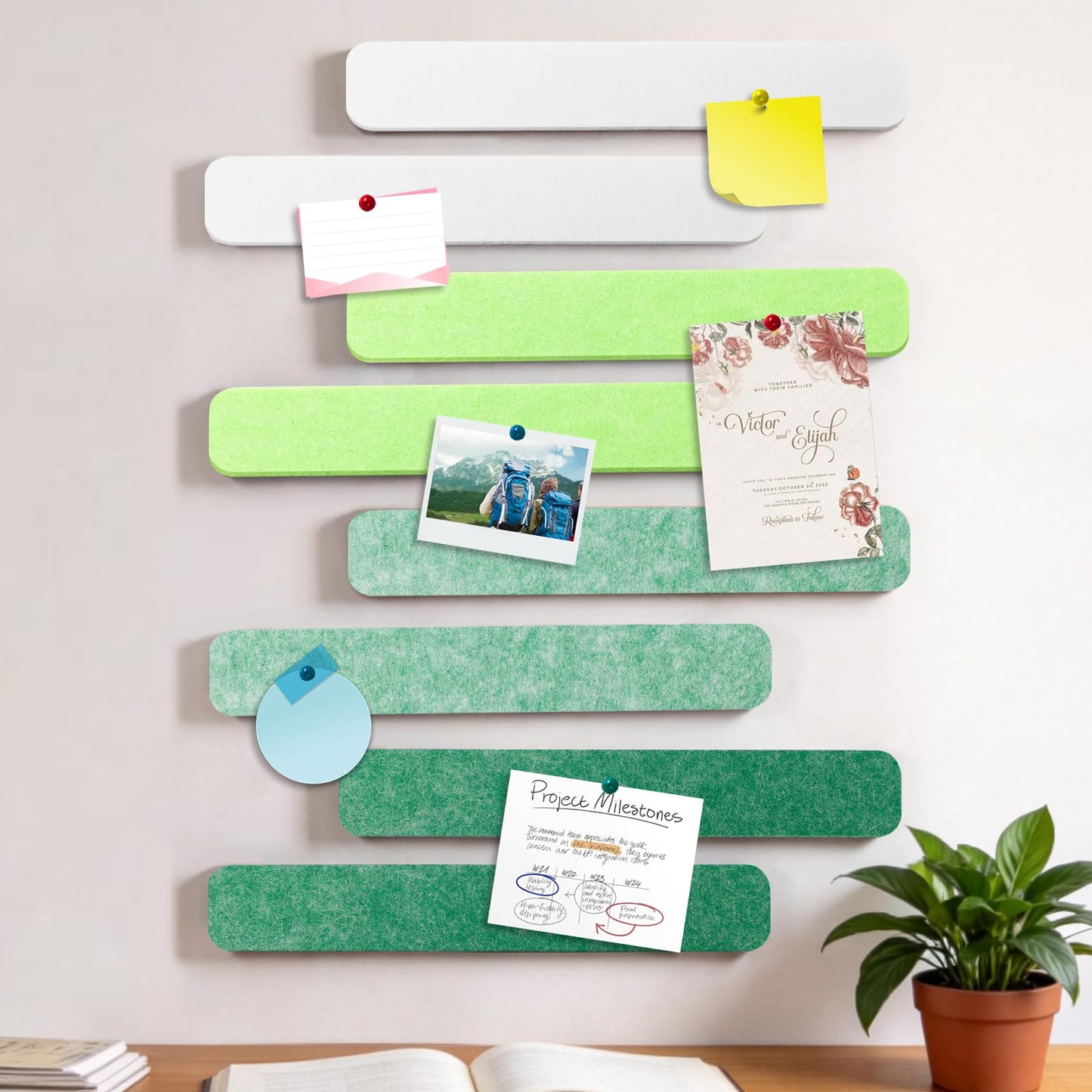 8-PCS 13"×2" Felt Bulletin Board Strips with Thumbtacks, Self-Adhesive Felt Strips, Suitable for Office, Classroom, and Home Decoration, Can Be Used to Stick Notes, Photos, and Memos(Multi-Green)