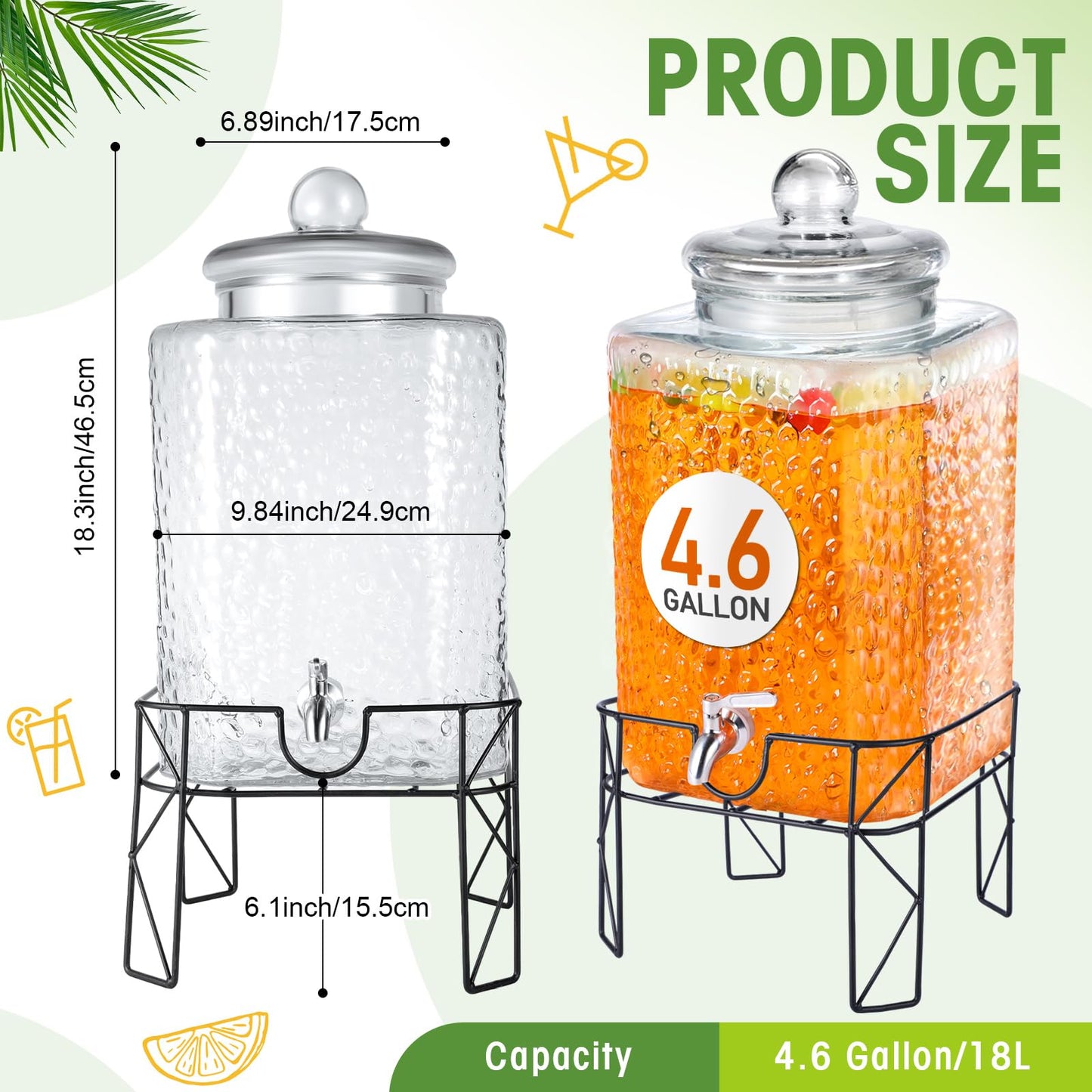 Honeydak 4.6 Gallon Glass Beverage Dispenser with Stand Stainless Steel Spigot Glass Lid Clear Iced Juice Container Leakproof Drink Dispenser Countertop Lemonade Water Jar for Wedding Party (1 Pack)