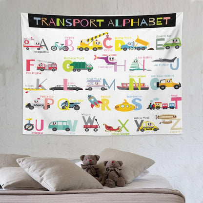 DDCBNS Cartoon ABC Alphabet Tapestry for Kids Boys Girls,Cute Car Plane Funny Transportations Print Educational Tapestry Wall Hanging Home Décor for Study Nursery Bedroom Living Room 80" x 60"
