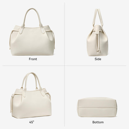 BOSTANTEN Silk Scarf Satchel bags Vegan Leather Purses for women Medium Work Tote bag with Removable Strap Off White