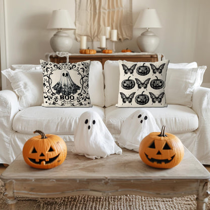 GAGEC Halloween Pillow Covers 18x18 Inch Set of 4 Ghost Witches Gothic Throw Pillow Covers Pumpkin Butterfly Spooky Farmhouse Pillowcase Couch Cushion Case for Home Sofa Living Room Decor