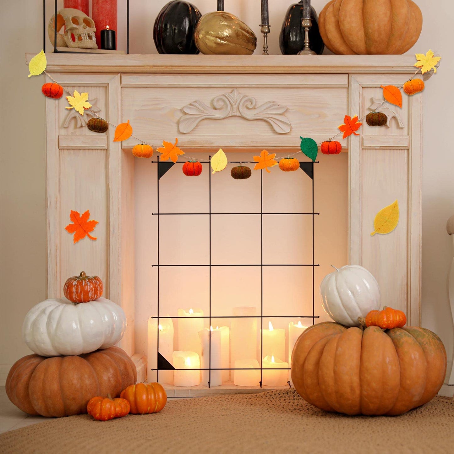 Jecery 2 Pcs Thanksgiving Garland Fall Pumpkin Felt Garland 78 Inches Fall Maple Leaves Pom Pom Felt Banner Autumn Harvest Halloween Thanksgiving Party Decorations for Mantel Fireplace Farmhouse
