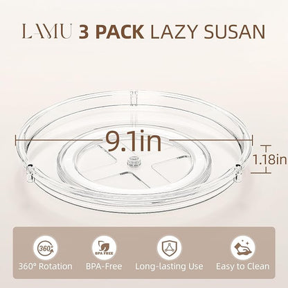 LAMU 3 Pack Lazy Susan Organizer, 9'' Clear Lazy Susan Turntable for Cabinet, Fridge, Kitchen, Pantry, Countertop, Table Top, Refrigerator Organizers and Storage, Seasoning and Spice Organizer