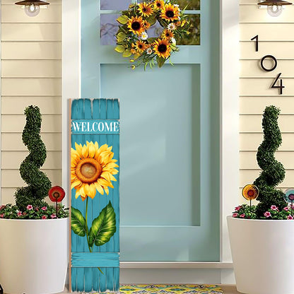 PEROUU Sunflower Welcome Wooden Sign,Spring Rustic Porch Sign for Front Door Decorations, Front Porch Decor Home Hanging Signs Wall Sign 31.5" H