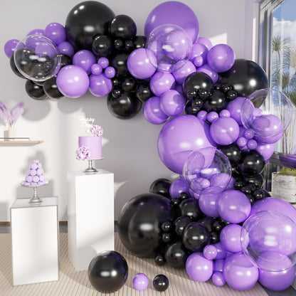 MOXMAY Purple and Black Balloons Garland Arch Kit, 151Pcs Latex Balloons Different Sizes 18 12 10 5 inch for Birthday, Graduation, Baby Shower, Wedding, Retirement, Halloween Party Decoration